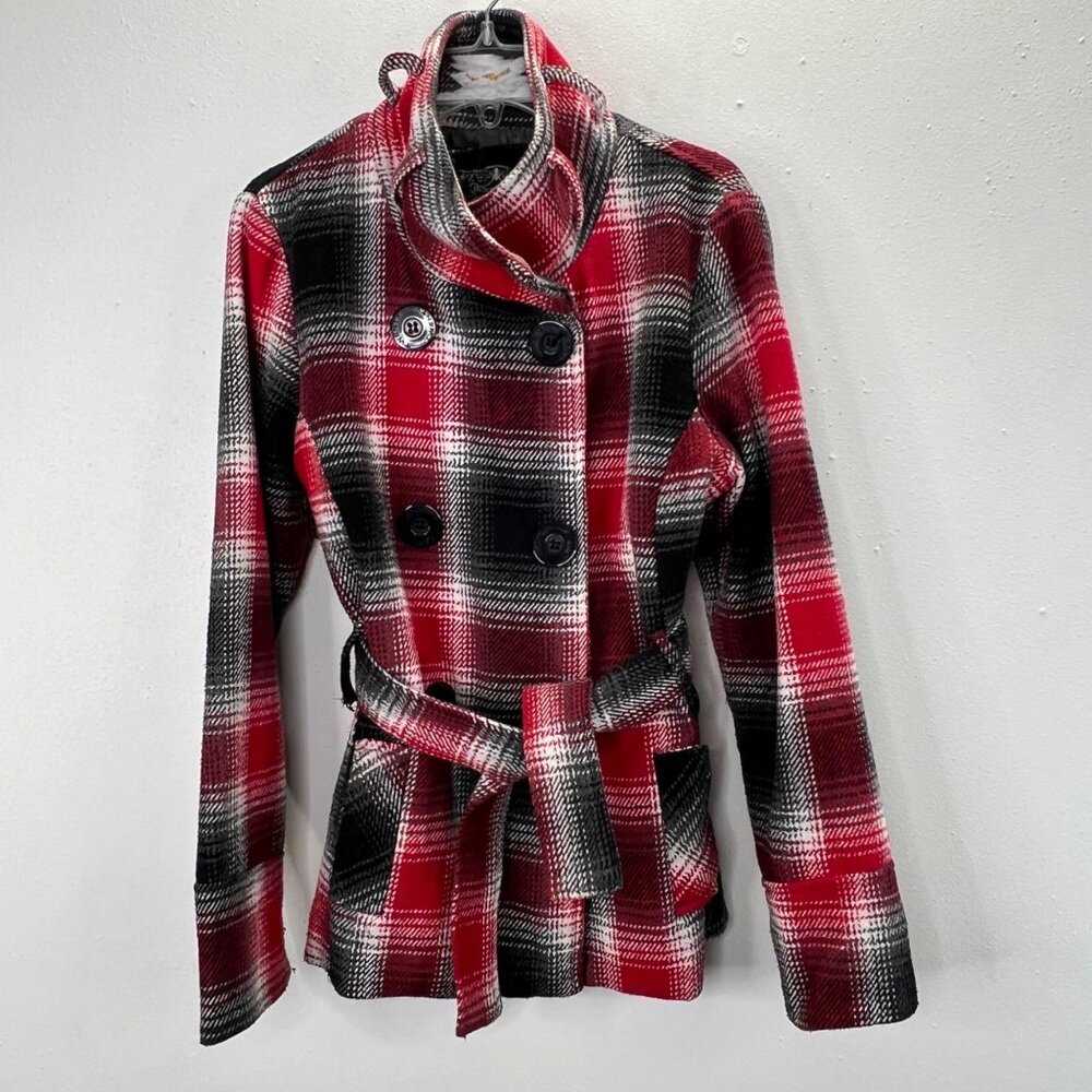 Beverly Hills Polo Club Pea Coat M Wool Blend Double Breasted Red Plaid Belted